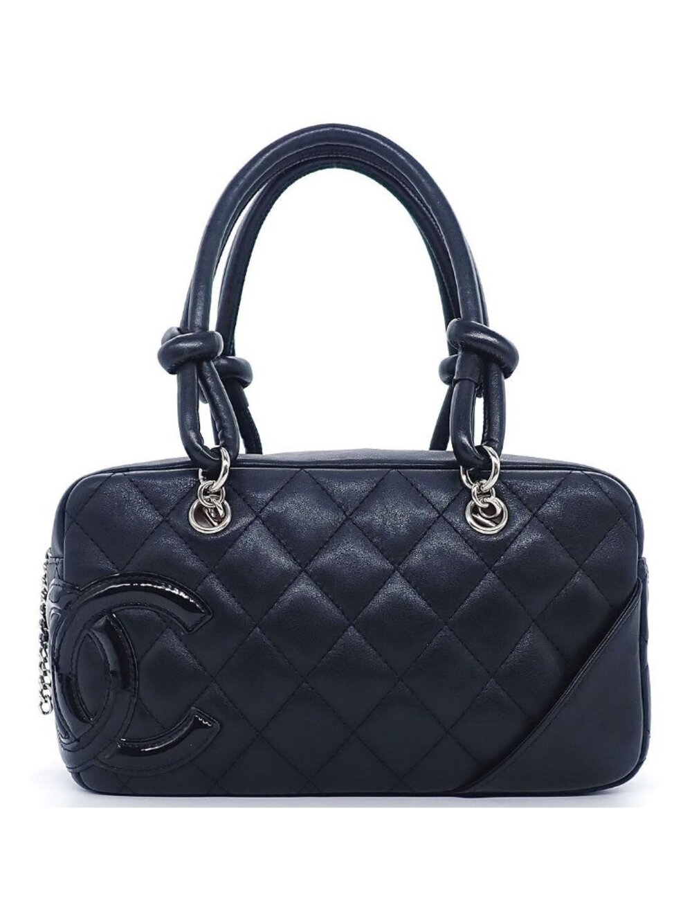 Chanel Handbag Cambon Line Mini Bowling Black Pink Lambskin Silver